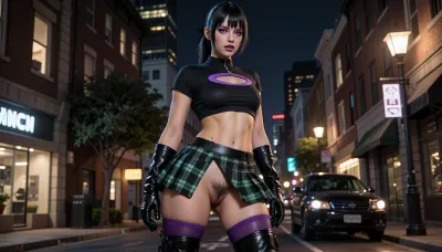 Sam Manson, thin athletic toned female, down town at night, (fortnight character), (23 years old light skined), ((purple eyes), ((straight black bobcut hair, baings with a tight short ponytail)), (purple lip stick), black crop top with a purple oval in the middle, small a-cup breasts, perky nipples, (pierced nipples), black and green checkered miniskirt, her stomach showing, (purple thigh-high leggings), Black battle boots, (((bushy landing strip pussy hair showing))))