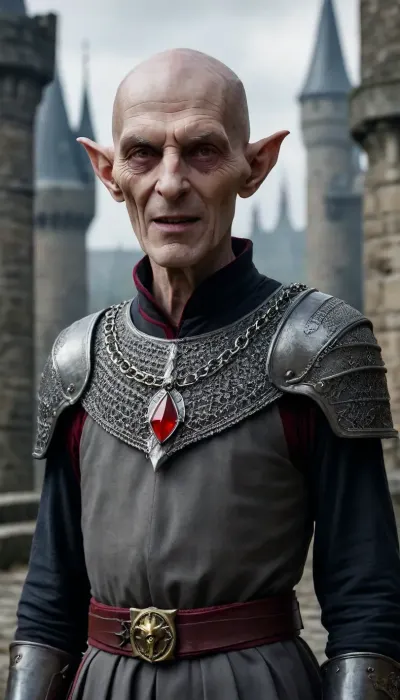 full body, front view, Gloomy vampire castle, seventy-year-old skinny anorexic man with gray wrinkled skin, a long wrinkled face, Completely bald, no mustache, no beard, a pointed chin, long pointed ears, sunken cheeks, sunken eye sockets, yellow eyes, a sharp chin, protruding ribs, Sinister smile, bad smile, thin steel crown on his head.
Wearing black-steel cuirass and chainmail, thin steel crown, Long sword in a sheath on the belt, Necklace with a large, bright red stone