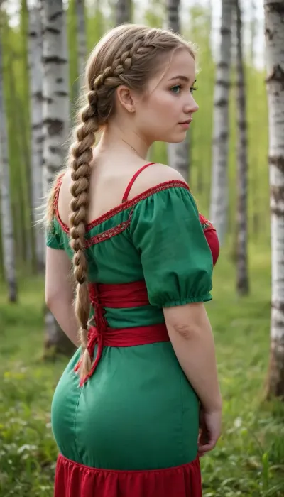 full-length portrait, back view, Over-shoulder view, Birch grove, Twenty year old adult russian girl, chubby body, round face, plump lips, chubby cheeks, wide cheekbones, golden hair, one very long braided pigtail, big green eyes, Medium size firm breasts, wide hips.
Dressed in Russian medieval clothing, White linen half-transparent shirt with short sleeves, Red sleeveless dress with a large rectangular neckline
Nipples erect under clothing