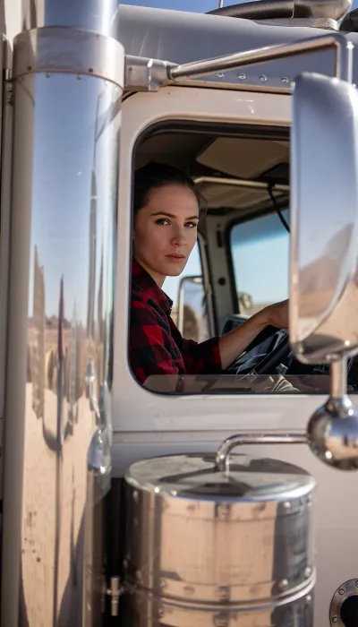 "American Trucker"
An extreme close-up side-angle shot taken from outside a heavy-duty chrome semi-truck, looking directly through the driver's side window. The frame is dominated by the determined face of a young woman in a red and black plaid shirt, one hand is visible on the top of the steering wheel. The camera is positioned just inches from the exterior glass, making her the absolute focal point. A massive vertical chrome exhaust pipe and a heavy-duty side mirror are blurred in the immediate foreground and background to create depth. Sharp focus on her resolute eyes through the glass. Cinematic lighting, desert dust reflections, ultra-detailed textures, shot on 50mm lens for a natural perspective, (8k resolution. --ar 16:9), --v 6.0