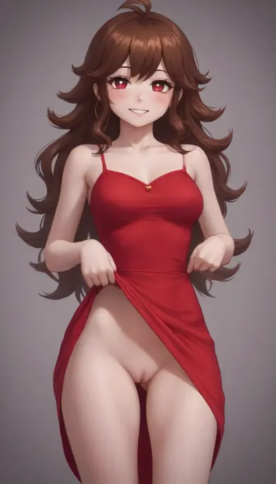 very detailed image, 4k image, Girlfriend from Friday Night Funkin', (18 years old), (Friday Night Funkin' rhythm game), (Girlfriend's Appearance), (Girlfriend's Face), (Girlfriend's hair), (Girlfriend's eyes), Beautiful body, fit body, big thighs, Girlfriend's red dress, (Her dress is lifted up so that we can see her pussy), (Her dress lowered down in her chest area so that we can see her boobs), ((She is showing her boobs), (She is showing her pussy and boobs), big boobs, big ass, (vagina), (shaved pussy), looking at viewer, smiling)