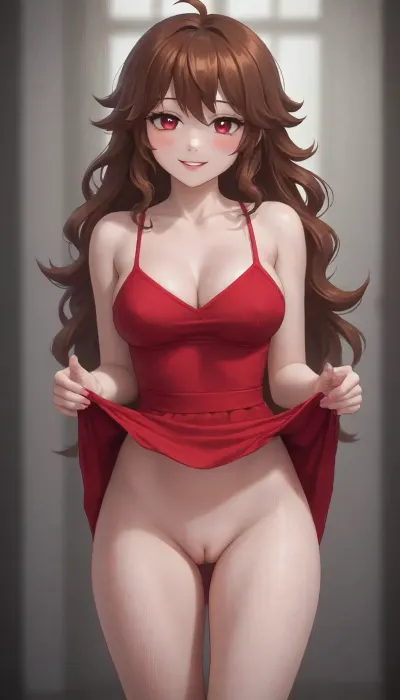 very detailed image, 4k image, Girlfriend from Friday Night Funkin', (18 years old), (Friday Night Funkin' rhythm game), (Girlfriend's Appearance), (Girlfriend's Face), (Girlfriend's hair), (Girlfriend's eyes), Beautiful body, fit body, big thighs, Girlfriend's red dress, (Her dress is lifted up so that we can see her pussy), (Her dress lowered down in her chest area so that we can see her boobs), ((She is showing her boobs), (She is showing her pussy and boobs), big boobs, big ass, (vagina), (shaved pussy), looking at viewer, smiling)