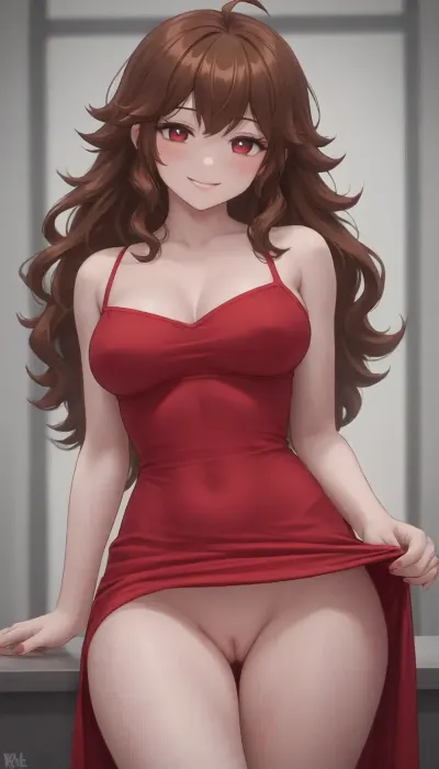 very detailed image, 4k image, Girlfriend from Friday Night Funkin', (18 years old), (Friday Night Funkin' rhythm game), (Girlfriend's Appearance), (Girlfriend's Face), (Girlfriend's hair), (Girlfriend's eyes), Beautiful body, fit body, big thighs, Girlfriend's red dress, (Her dress is lifted up so that we can see her pussy), (Her dress lowered down in her chest area so that we can see her boobs), ((She is showing her boobs), (She is showing her pussy and boobs), big boobs, big ass, (vagina), (shaved pussy), looking at viewer, smiling)