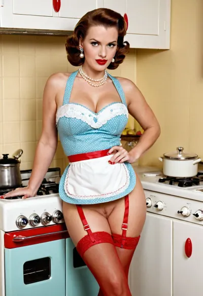 Setting is a 1950s kitchen With 1950s retro style refrigerator stove and cabinets, The scene is bright and colorful, a beautiful extremely busty European woman wearing a tiny apron, is standing near the stove making pancakes and eggs, exposed breasts, expected pussy, The woman has beautiful big and bright eyes, she has a short 1950s style hairdo, she has bright red lipstick, perfectly manicured bright red fingernails, she is wearing bright red platform high heel shoes, Extremely long pearl necklace, pearl earrings, Pearl bracelets, she is naked except for the apron garter belt stockings and shoes, she is facing the viewer, and we are seeing her from the side.