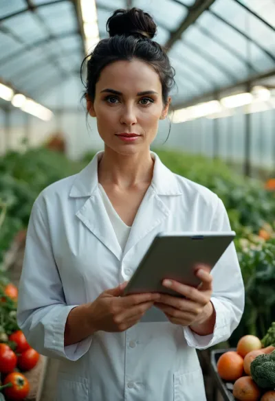 Masterpiece, front view, beautiful 40 years old woman French agronomist, modern greenhouse, (she is wearing an opened lab coat), (black hair in a bun), (perfect face), (((she is holding a tablet))), high details, ((stunning eyes)), vegetables culture, perfecteyes, <lora:MJ52:.8>, <lora:add-detail-xl:.8>, <lora:PerfectEyesXL:.8>, looking, at, viewer, <lora:looking_at_viewer:.8>