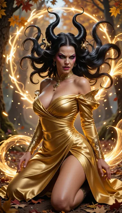 (Photorealistic:1.1), full view. 1girl is A fierce 45-year-old sorceress with massively intricate, animated, floating black hair shaped like swirling arcs and spiraling magical ribbons. an autumn realm as a high-energy golden aura erupts around her, pulsing like living firelight. Her gold satin gown glows intensely, emitting beams and shimmering waves of radiant power, original one-shoulder pleated design with a high slit. Wicked witch makeup is extreme and dramatic, glowing highlights, sharp lines, supernatural hues. The air crackles with energy, swirling sparks, bright motes, glowing particles, dynamic magical currents. Hyper-dramatic, powerful, cinematic fantasy luxury. 1girl kneeling