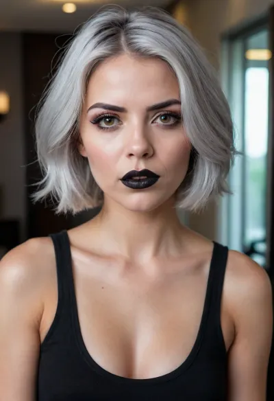 Silver hair, 25 years old woman, little trimmer in hand, realistic angry face, black lips
