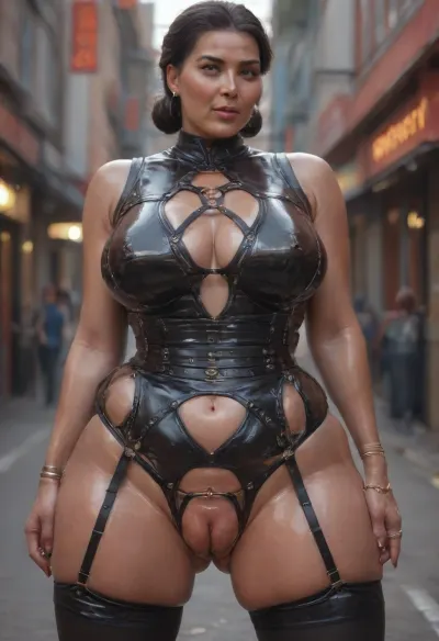 Chinese baddie bbw mature, casually dressed in street clothes, (crotchless clothes:1.2), (leather belt, leather straps, black stockings with garter), thin waist, (leather tight g-string), (pussy ring:1.3), (big labia cameltoe:1.33), (oiled glossyshiny skin:1.17), .