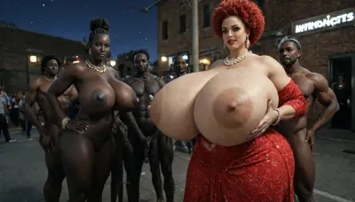 ((red light district at night)), (night life), (African street hookers fucking male customers:1.5), (African street prostitutes stand around waiting for customers), (grabbing tits, squeezing buttocks, stroking cock:1.25), (African prostitutes presenting gigantic saggy breasts:1.95), (absolutely black skin:1.45), small tummy, hairy pussy, (dressed in golden sexy low cut dress), (heaving ample bosom, voluptuous body), (jewelry, large necklace, bracelet, anklet, sapphire, ruby, pearls), (very huge round firm ass:1.75), pull buttocks apart, ass fucking, very high platform heels, cum on ass, <lora:Chiaroscuro-v1:.8>