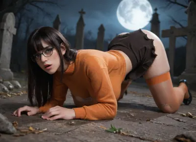 (closeup side view of scared ghosthunter, sprawled face down on ground in creepy graveyard at night), (focus scared), /Larkin, (focus 30 years old), scared, face down, (sprawled face down:.8), wide blue eyes, perfect face, (straight black hair, bangs), light makeup, (large breasts, DD cup breasts), (ripped orange sweater, short brown skirt, ripped orange stockings, brown high heels), ripped clothing, black-framed eyeglasses/, in creepy graveyard, full moon, (focus nighttime), larkinlove, <lora:larkinlove:.8>