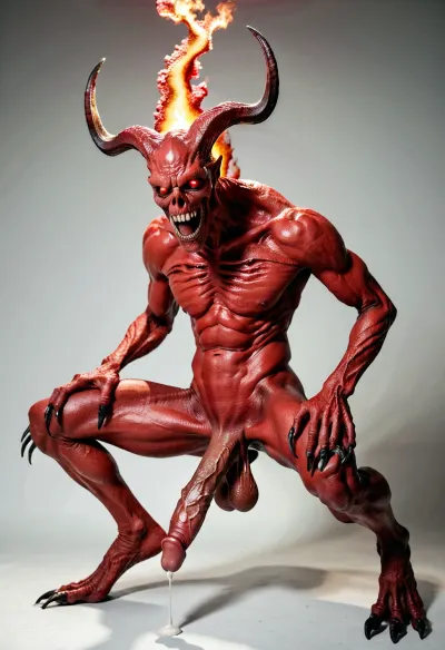 A very scary monster, a creepy monster, an evil monster, (((full body))), very big huge sinewy penis, no shadows, a smooth light background, the body is brightly lit, huge claws and teeth, saggy heavy testicles, sperm flows out of the penis, bright very red skin, photo studio, bright, steady spotlight, Red burning eyes, big horns, very red penis, The penis is hanging