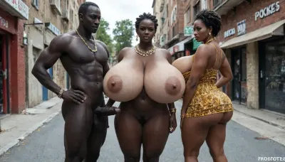 (African street hookers fucking male customers:1.5), (African street prostitutes stand around waiting for customers), (grabbing tits, squeezing buttocks, stroking cock:1.25), (African prostitutes presenting gigantic saggy breasts:1.95), (absolutely black skin:1.45), small tummy, hairy pussy, (dressed in golden sexy low cut dress), (heaving ample bosom, voluptuous body), (jewelry, large necklace, bracelet, anklet, sapphire, ruby, pearls), (very huge round firm ass:1.75), pull buttocks apart, ass fucking, very high platform heels, cum on ass