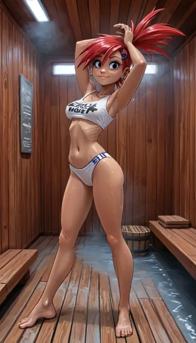(innv meets jack cayless style), reiq style, masterpiece, cel-shaded, limited color palette, ((21-year-old sexy musclesFrankie from fosters home for imaginary friends:1.5)), (21-year-old), (tan skinned:1.5), (tomboy body:1.5), 1girl, solo, alone, (perfect curves body:1.5), (perfect happy face looking at viewer, perfect breast, perfect ads, perfect legs, perfect ass, perfect feet, perfect wet pubic hairy pussy, looks erotic), (Pit stains:1.5), (dripping Wet Spots:1.5), (sweaty body:1.5), (dancing:1.5), (tightly sweaty sporty underwear top:1.5), (tightly sweaty sporty underwear panty:1.5), (inside, sauna, hotel), full body in view, raver, sidecut, ultraviolet light, tr4d1t10n4l, F1nn1sh, s4un4, <lora:tr4d1t10n4l_F1nn1sh_s4un4:.8>, <lora:LCMTurboMix_Euler_A_fix:2>, <lora:EnvyCuteXL01v12:1.5>, <lora:EnvyAnimeDigitalPaintingXL01:1.5>, <lora:EnvyCelShadedXL01:1.5>
