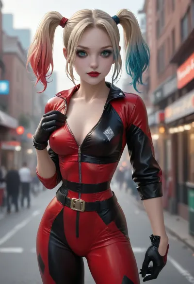 18 years old, beautiful face, ((super hero harley quinn)), (very narrow waist:1.4), athletic body, skinny body, petite, (green eyes), body suit with a very plunging neckline, leather jacket, short crop top jacket, leather belt, gloves, erect nipples, armpit, hand on breast, bent over, rear view, bright sunshine, outdoors, city, back view, uberfit, muscular, athletic, dark, chiaroscuro, low-key, Atomictits, <lora:uberfit_lora_sdxl:.4>, <lora:zavy-cntrst-sdxl:.4>, <lora:AtomictitsXL:1.6>, <lora:Microwaist_XL_v01:2>
