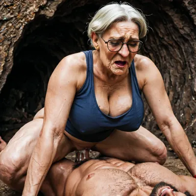 Wrinkled granny with massive natural breast, massive fat thighs, and a huge fat ass, is wearing eye glasses, gypsy skirt and a tank top. Giant caveman with a long monstrous penis, is naked. Wrinkled granny looks like she is having a hyper extreme intense orgasm. They are in a dark cave. The cave man gets the wrinkled granny to give him doggy style vaginal sex., ((wrinkled granny)), ((giant caveman)), ((vaginal sex)), ((cowgirl style sex)), ((titanic cum)), ((breast are hanging out of tank top exposed)), agony, anguish, anxiety, depression, despair, grief, pain, sadness, stress, suffering, <lora:Lamentations-000016:2>