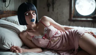 (girl in bed, ((horror film setting:1.3)), moonlight, ((obsessed:1.4)), ((white eyes)), ((blunt cut)), ((blue lipstick)), ((torn pink nightgown)))
