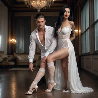 Imagine a woman with long black hair, dressed in a sensual white honeymoon dress, wearing thigh-high lace stockings and white high heels, one of which is a pair of white high heels... This is in a luxurious, dark, dimly lit, celestial glass room at night. A tall, blond, strong man with tattoos is wearing only underwear and an open white dress shirt... Also, switch the positions, the woman with long black hair is crawling towards this man, one hand holding his foot, while she looks up at him, and he looks at her with contempt and disgust.