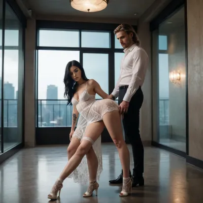 Imagine a woman with long black hair, dressed in a sensual white honeymoon dress, wearing thigh-high lace stockings and white high heels, one of which is a pair of white high heels... This is in a luxurious, dark, dimly lit, celestial glass room at night. A tall, blond, strong man with tattoos is wearing only underwear and an open white dress shirt... Also, switch the positions, the woman with long black hair is crawling towards this man, one hand holding his foot, while she looks up at him, and he looks at her with contempt and disgust.