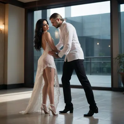 Imagine a woman with long black hair, dressed in a sensual white honeymoon dress, wearing thigh-high lace stockings and white high heels, one of which is a pair of white high heels... This is in a luxurious, dark, dimly lit, celestial glass room at night. A tall, blond, strong man with tattoos is wearing only underwear and an open white dress shirt... Also, switch the positions, the woman with long black hair is crawling towards this man, one hand holding his foot, while she looks up at him, and he looks at her with contempt and disgust.