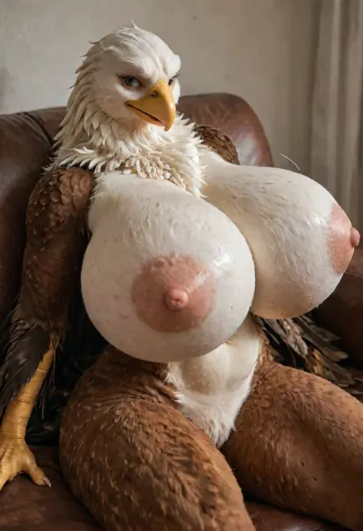 Masterpiece, high Quality, simple background, Best Quality, solo, ((anthro female, bald eagle, Beautiful face, anthrofied, avian, Brown feathers)), huge breasts, heavy breasts, skinny body, lean thighs, nipple tuft, winged arms, arm feathers, crotch tuft, nude, dynamic angle, lying on sofa, (((motion lines, hyper breast expansion))), (((furry art, anthro woman))), <lora:add-detail-xl:1.2>, <lora:LCMTurboMix_Euler_A_fix:1.1>
