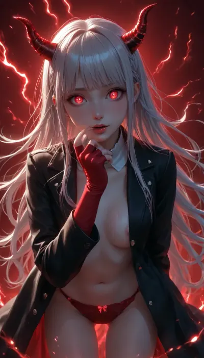 Charming girl, (Multicolour bright Hairstyle), (charming eyes, bright red glowing pupils:1.5), (upperbody:1), (very long Luxurious hair in the wind), Kyoko Kirigiri, Danganronpa series, tall, cute, 36 years old, adult woman, face of intense orgasm shock, mouth opened, moaning, 1hand on chin, opened black jacket, silver buttons, purple fingerless gloves, naked, b cup breasts, thigh gap, pussy in lace panties, cameltoe, long, eyes, kirigiri, kyouko, hair, ribbon, braid, blunt, bangs, side, riding viewer, cowgirl, bent over, high contrast, Half-turn view, curly very long hair, hair on the shoulders, hair along the entire back, glowing demoness horns, red background, empty dark background, the figure is highlighted with red light, a cool aura around the body, a sexy smile, a sexy dynamic pose, perfect eyes, best detailed hair, glowneon, glowing, sparks, lightning, <lora:Red_and_black__gothic_fantasy-000007:2>, <lora:light_contour_sdxl:2>, <lora:Glowing_beach:2>, <lora:glowneon_xl_v1:2>