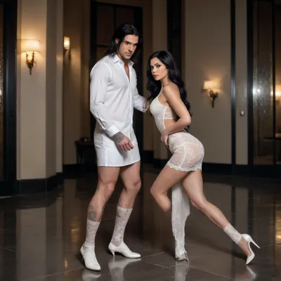 Imagine a woman with long black hair, dressed in a sensual white honeymoon dress, wearing thigh-high lace stockings and white high heels, one of which is a pair of white high heels... This is in a luxurious, dark, dimly lit, celestial glass room at night. A tall, blond, strong man with tattoos is wearing only underwear and an open white dress shirt... Also, switch the positions, the woman with long black hair is crawling towards this man, one hand holding his foot, while she looks up at him, and he looks at her with contempt and disgust, humilhation.