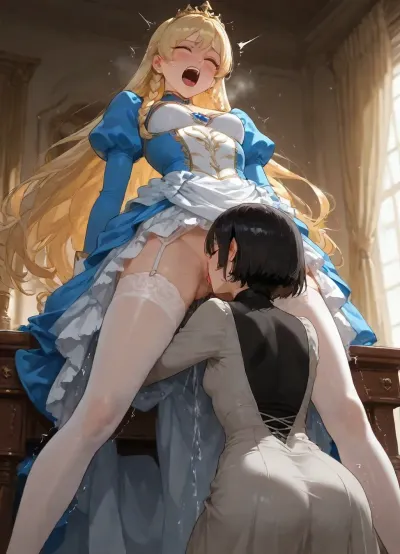 two women, in castle, curtains, desk, ({princess, (blond long braids), small breasts, silk blue royal gown, white stockings, long sleeves, golden tiara, dry clothes, standing, legs apart, orgasm, happy, screaming, squirting, trembling}), ({woman, black short hair, plain grey linen dress, licking princess pussy, cunnilingus}), zoom to pussy