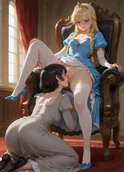 two women, in castle, curtains, armchair, ({princess, (blond long braids), small breasts, silk blue royal gown, white stockings, shoes, long sleeves, golden tiara, dry clothes, pulling up dress, legs apart, trembling, embarassed, sitting on armchair, knee up}), ({woman, black short hair, simple short grey woolen dress, shoes, kneeling on floor, licking princess pussy, cunnilingus}), zoom to pussy