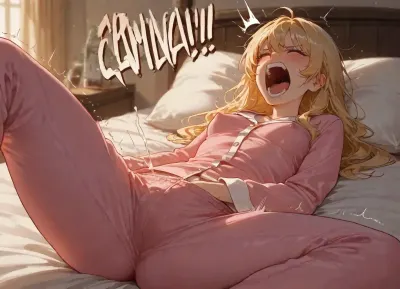 blonde hair, small breasts, erect nipples, wearing long pajamas, on bed, (), legs spread, (hand in pants), leaking, drenched pants, screaming, orgasm, hips up, squirming, sweaten, trembling