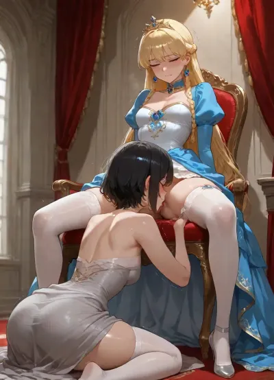 two women, in castle, curtains, ({princess, (blond long braids), small breasts, silk blue royal gown, white stockings, long sleeves, golden tiara, dry clothes, panties pulled down, pulling up dress, legs apart, sitting on chair, trembling}), ({woman, black short hair, plain grey linen dress, licking princess pussy, cunnilingus}), zoom to pussy