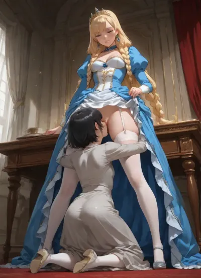 two women, in castle, curtains, desk, ({princess, (blond long braids), small breasts, silk blue royal gown, white stockings, shoes, long sleeves, golden tiara, dry clothes, standing, legs apart}), ({woman, black short hair, plain grey linen dress, shoes, kneeling, licking princess pussy, cunnilingus})
