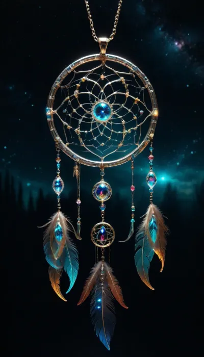 Beautiful dream catcher pendant against the background of the starry sky, <lora:DonMSp3ctr4lXL-000008:1.6>, <lora:dark:.9>, <lora:detailed_notrigger:1.9>, <lora:Holotech:1.8>, <lora:SDXLFaeTastic2400:1.8>
