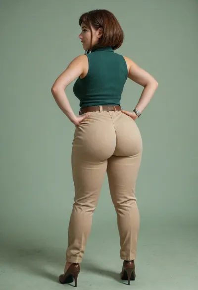Gorgeous woman, cosplay Ochaco Uraraka, cosplay, full body shot from behind, looking over shoulder, short brown hair, brown eyes, subtle smile, wearing a sleeveless dark green ribbed turtleneck, khaki pants, brown belt, digital watch, hands on hips grabbing her ass, massive ass, huge bubble butt, bulging bubble butt, cleft ass, standing against a light green background with soft lighting, (masterpiece, best quality, highly detailed:1.2), (8k, ultra sharp, professional), Braless>, from, behind, buttlift, wide, hips, large, ass, <lora:bottomheavy_v1_sdxl_LoRA:2>, <lora:BodyLicious:2>, <lora:bralessSDXL_v1_00022:1>, <lora:RsmJemma1XL:1>, <lora:MS_Real_XL_Buttlift:1.9>