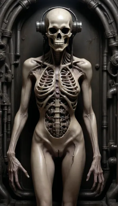 Create a detailed black and white surreal biomechanical drawing in the style of H.R. Giger, drawing, biomecanoïd, anal, anus, bucal, mouth, vaginal, pussy, penis, orgasm, organic, organ, mechanic, mechanical, tongue, pipe, tube, connected, biomechanics, fused flesh and machinery, skeletal structures, elongated skulls, xenomorphs, phallic symbols, vaginal forms, uteruses, birth canals, fetuses, stillborn infants, decaying bodies, organic tubes, pipes, wires, pistons, gears, rib cages, vertebrae, spines, tails, eggs, cocoons, tentacles, serpents, skulls, bones, mechanical limbs, cyborg hybrids, biomechanical landscapes, sarcophagi, tombs, crucifixion motifs, Baphomet figures, occult symbols, Medusa heads, insectoid appendages, warheads, conveyor mechanisms, exposed muscle, smooth contoured surfaces, erotic penetration, insemination imagery, tortured forms, bound bodies, headbands, vices, straps, syringes, toxic fluids, misty wastelands, lead pillars, goblin heads, gremlins, alien creatures, reproductive organs, breasts, genitals, decaying metal, rusty textures, monochromatic tones, airbrushed gradients, biomechanical condors, masks, ghost trains, birth machines, womb chambers, spinal columns, bulbous pods, dripping fangs, weaponized tails, embryonic sacs, fused genitals and machines, orgiastic decay, purgatorial realms, perinatal trauma symbols, spiders, volcanoes, crosses, Jesus figures, satanic elements, wisdom serpents, ghostly mists, severed heads, tubular extensions, arterial veins, transparent wombs, skeletal entities, industrial fusion, post-human hybrids, erotic torture, fleshy machinery, ribbed surfaces, locust limbs, slide rods, war machine forms, occult magic, light and hope glimmers, biomechanical eroticism, land