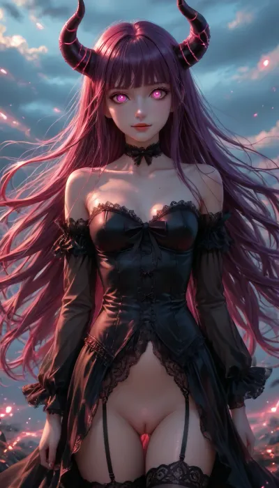 Charming girl, (Multicolour bright Hairstyle), (charming eyes, bright violet glowing pupils:1.5), (upperbody:1), (very long Luxurious hair in the wind), Kyoko Kirigiri from Danganronpa series, (flatchest:1.2), HDR, 8K, high contrast, masterpiece, best quality, amazing quality, beautiful mature elven woman drawn in anime style, big demonic horns, long elf ears, very aesthetic, high resolution, ultra-detailed, (best quality:1.1), black background simple background, see-through silhouette, very beautiful realistic pussy, Sexy lingerie with suspenders, lace stockings, (glossy dress, glowing silk dress, lace dress), cameltoe, tan linies, elastic hips, lace garter belt, lace thigh high, cleft of venus, (glossy skin:1.5), a sexy smile, black bow with red ribbons at the edges in gothic style, glowing demoness horns, <lora:Kyoko9:.8>, <lora:Red_and_black__gothic_fantasy-000007:2>, <lora:light_contour_sdxl:2>, <lora:Glowing_beach:2>, <lora:glowneon_xl_v1:2>