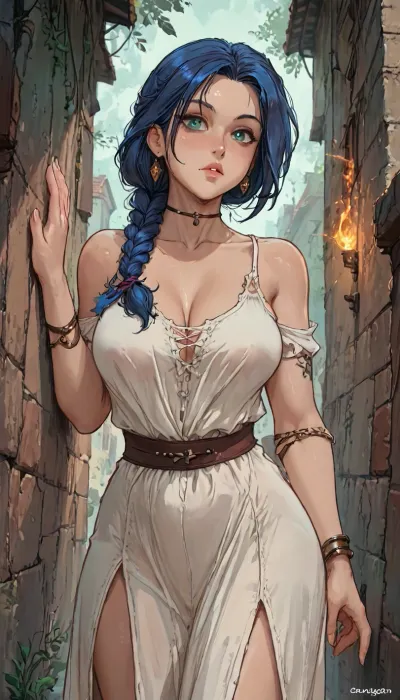 (((Melkor mancin mix markgavatino mix cutesexyrobutts style))), reiq style, masterpiece, stunning arabic blue hair with braid in very rip up and dirty white medieval dress against the wall of a dark alley at midnight trying to hide her breast, dark light, (dark skin), scared, (big round natural boobs:1.3), thin waist, big hips, ratatatat74, hippie tattoos and Jewelry, eyes looking at viewer, wide green eyes, galaxy in eyes, (unusual, pupils), (glowing, eyes), (magic), <lora:LCMTurboMix_Euler_A_fix:.6>, <lora:Tsune_XL:1.8>, <lora:EnvyPastelAnimeXL01:1.7>, <lora:AshMilkshake_Illustrious_v1:.8>