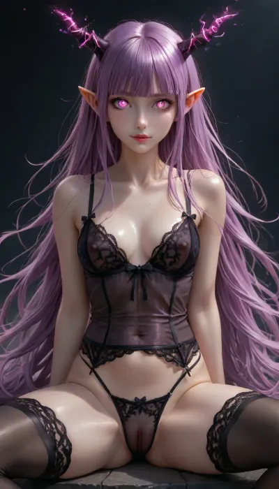 Charming girl, (Multicolour bright Hairstyle), (charming eyes, bright violet glowing pupils:1.5), (upperbody:1), (very long Luxurious hair in the wind), Kyoko Kirigiri from Danganronpa series, (flatchest:1.2), naked breast no bra, HDR, 8K, high contrast, masterpiece, best quality, amazing quality, beautiful mature elven woman drawn in anime style, big demonic horns, long elf ears, very aesthetic, high resolution, ultra-detailed, sitting, spread legs, (best quality:1.1), black background simple background, see-through silhouette, very beautiful realistic pussy, Sexy lingerie with suspenders, lace stockings, realistic pussy in transparent panties, cameltoe, tan linies, elastic hips, lace garter belt, lace thigh high, cleft of venus, (glossy skin:1.5), a sexy smile, black bow with red ribbons at the edges in gothic style, glowing demoness horns, <lora:Kyoko9:.8>, <lora:Red_and_black__gothic_fantasy-000007:2>, <lora:light_contour_sdxl:2>, <lora:Glowing_beach:2>, <lora:glowneon_xl_v1:2>