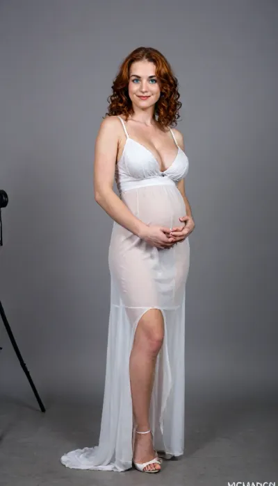 Very pregnant young 18 year old ginger American girl in diaphanous white dress. transparent dress, ((side view)), white and black picture, Sultry smile. Seductive. Fuck me expression. Breasts covered, (((CLEAVAGE.))), very huge and heavy natural breasts, Long very curly red hair. looking into camera. Smiling. Big green eyes. pale white skin with freckles. Standing outside. Perfect full round breasts., (((BUSTY))), Looking directly into camera., (wide hips:.5), (thick thighs:.5), (huge ass:.5), front view, bright background, cinematic lighting, full body, (detailed face, detailed hair:1.1), 8k, masterpiece, (realism:1.1), (realistic:1.1), diaphanous, dress, <lora:xl_diaphanous_dress-1.0:.8>, <lora:milkers_v2:.8>
