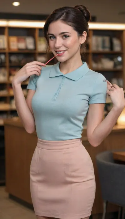 perfect lighting, ultra realistic, 8k resolution, ultra detailed, instagram model, professional photography, clothing store, Female clerk, dark hair color, French style low updo hairstyle, pencil skirt, medium breasts, shy smile, nordic, playful, freckled face, slim body, lifelike face, real face, HRGM, hair, ring, in, mouth, tie, tying, adjusting, hold, a, black, on, her, <lora:hair_ring_SDXL_v1:.8>