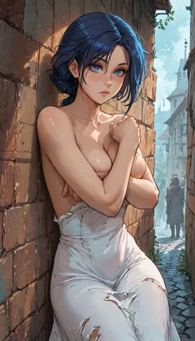 (((Melkor mancin mix markgavatino mix cutesexyrobutts style))), reiq style, masterpiece, 1 man naked hard cock, stunning arabic long blue hair with braid in white medieval dress kneeling against the wall of a dark alley at midnight trying to hide her breast, (folded arms), (the dress is torn in two, half topless:1.3), dark light, (dark skin), unhappy, worried, galaxy in eyes, (unusual, pupils), (glowing, eyes), <lora:LCMTurboMix_Euler_A_fix:.6>, <lora:Tsune_XL:1.8>, <lora:EnvyPastelAnimeXL01:1.7>, <lora:AshMilkshake_Illustrious_v1:.8>