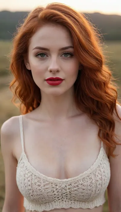 (best quality, award-winning photograph, sharp focus), Crocheted camisole, (wide knit), beautiful face, long hair, seductive face, make-up, red lipstick, redhead hair, perfect body, very large natural breasts, the whole figure is visible, soft smile, cinematic, movie still, hyperdetailed photography, 35mm photograph, film, professional, 4k, highly detailed, Golden hour lighting. Depth of field F2. Rule of Thirds Composition