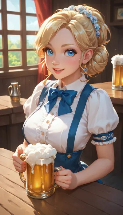 German girl, busty, blonde, pretty face, blue eyes, young 20 years old, ((octoberfest cosplay)), She serves two beers to a table
