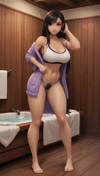 (innv meets jack cayless style:1.2), (hentai anime style:1.2), (reiq style:1.2), (masterpiece:1.2), masterpiece, cel-shaded, limited color palette, ((beautiful perfect sexy Tifa Lockhartbody:1.1)), solo, alone, (big curves muscles body), (happy face, big perfect breast, muscles body, muscles arms, perfect legs, muscles ass, feet hard Naples, hairy arm Pit hair, looks erotic), ((in a sexy bathrobe), (tightly Sports bra), (tightly Underwear Sports panty), (came toe)), (seductive pose), (inside, sauna, bath, hotel), full body in view, raver, sidecut, ultraviolet light, cleavage breast, tifa7re, tifa_outfit, <lora:EnvyCuteSliderXL01:2>, <lora:tifa_re_sdxl_V1_01-000006:2>