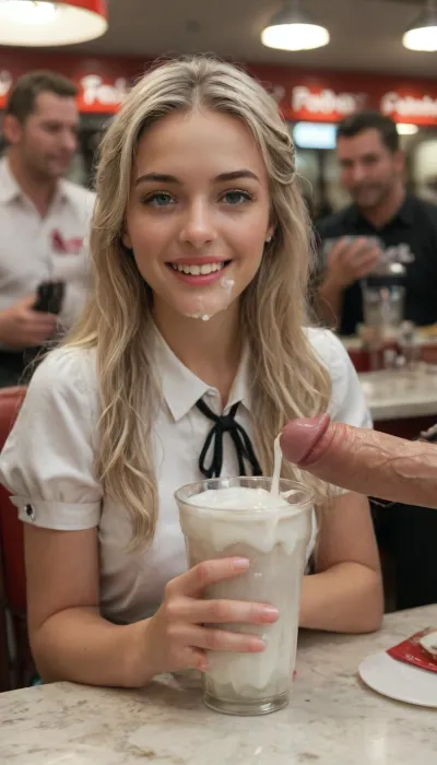 selfie of sexy waitress at diner, (Platinum blond waitress posing front of two men With a huge penis after cum donation), (long cum strings from the penis:1.2), (holding a transparent cup fulled of realistic cum in her hand:1.3), beautiful face, Laughing loud, cum on face, exciting, deep testicles, man out of frame, diner, lora, ratatatat74-000050, .8>, <lora:MJ52:.8>