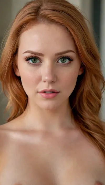 25-year-old woman, seductive innocent face, (green eyes:1.1), redhead hair, cute nose, (nude:1.2), naked, nude, snub nose, (realistic), super detail, masterpiece, ultra-high resolution, 8k UHD, SLR camera, high quality, detailed skin texture, toned body, athletic body, symmetrical face, detailed face, perfect face, Realistic girl, elina, S151_ViktoriaTisshko, miamalkova, <lora:miamalkova-XL:.5>