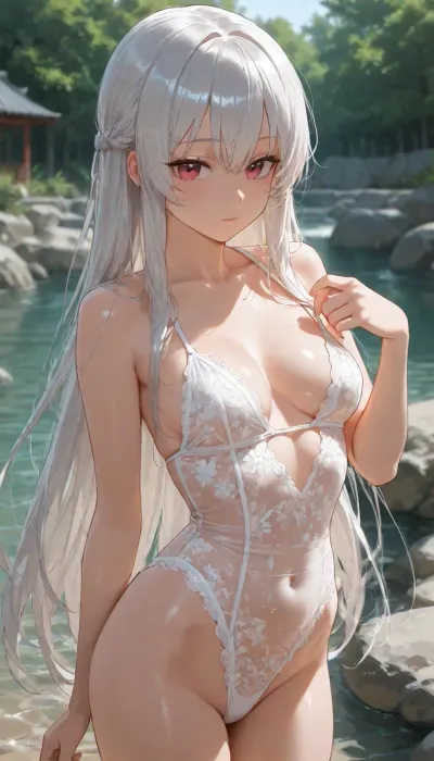 chinese, 1girl, white long hair, small breasts, swimsuit, white lace swimsuit, outdoors, <lora:MK_kzy_xl_V1.0:1.8>