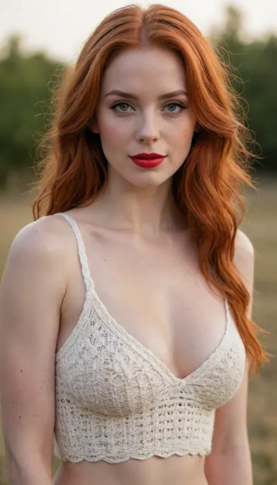 (best quality, award-winning photograph, sharp focus), Crocheted camisole, (wide knit), beautiful face, long hair, seductive face, make-up, red lipstick, redhead hair, perfect body, very large natural breasts, the whole figure is visible, soft smile, cinematic, movie still, hyperdetailed photography, 35mm photograph, film, professional, 4k, highly detailed, Golden hour lighting. Depth of field F2. Rule of Thirds Composition