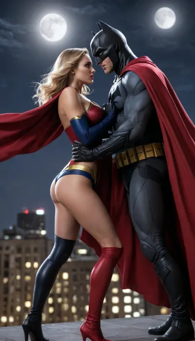 Photorealistic cinematic scene, Batman in black tactical suit groping Supergirl from behind on a dark city rooftop at night under a huge full moon. His gloved hands squeezing her large breasts, pulling her top down. Supergirl with long flowing blonde hair, aroused expression with open mouth and flushed face, red cape billowing. Steamy erotic tension, dramatic moonlight, detailed realistic textures, 8k photorealism