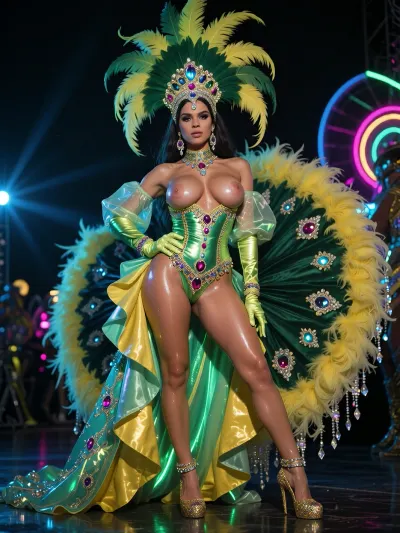 (front view picture of a 1990s extremely busty porn star deep dancing samba on a stage), . Brazilian Carnival parade.

Woman is 25yo, 1990 porn star. Ultra-detailed, exquisite face., (Huge saggy fake pornstar tits with erect nipples:1.5), . Ultra-glam sequined Brazilian Carnival costume with plunging cleavage in electrifying green and yellow with a high-gloss wetlook finish, glowing under vivid neon lighting. Sculpted corset-style bodice made of radiant lacquered satin, drenched in rhinestones, ruby crystals, sequins, glittering metallic beading, and reflective wet-shine accents that intensify the neon glow. Long flowing angel sleeves of sheer sparkling chiffon with glossy, liquid-like shimmer.

Massive showgirl puffball skirt and feathered backpiece transformed with wetlook coating and iridescent neon edges, layered satin ruffles, jeweled embroidery, and a dramatic crystal-studded train that glows under ultraviolet and neon highlights. Oversized showgirl headdress, towering green-and-yellow ostrich plumes with neon tips, rhinestone detailing, and a gem-encrusted crown base emitting soft neon reflections.

Accessories include glossy satin opera gloves with wetlook sheen, huge rhinestone chandelier earrings, neon-reactive gemstone necklaces, glittering bracelets, sequined golden louboutin stiletto high heels. Added elements, glowing feather plumes, sparkling fringe that flickers with neon bursts, reflective crystal accents, and stage-flare gleam effects. Overall aesthetic, hyper-luminous, futuristic, electrified showgirl glamour—classic Vegas meets neon nightclub fantasy. Shot with dramatic neon stage lights, wet-shine reflections, UV glow, and hyper-detailed textures.

She is looking straight at the viewer., (Happy:3)
