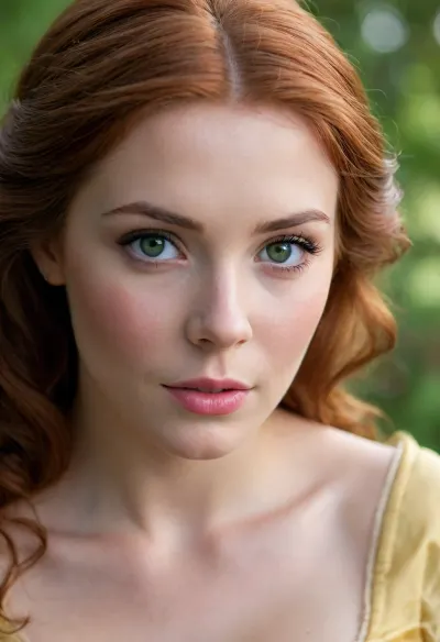 ziprealism, (score_9, score_8_up), ((Detailed portrait of Belle:1.5)), closeup shot, sharp focus, high saturation, high contrast, portrait, redhead, focus on green eyes, detailed eyes, detailed long eyelashes, (detailed face), (detailed hair)